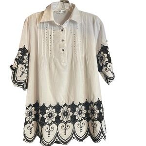 Sormani USA Women’s Cotton White Blouse Crystal Look Buttons, Rivets Lace Detail